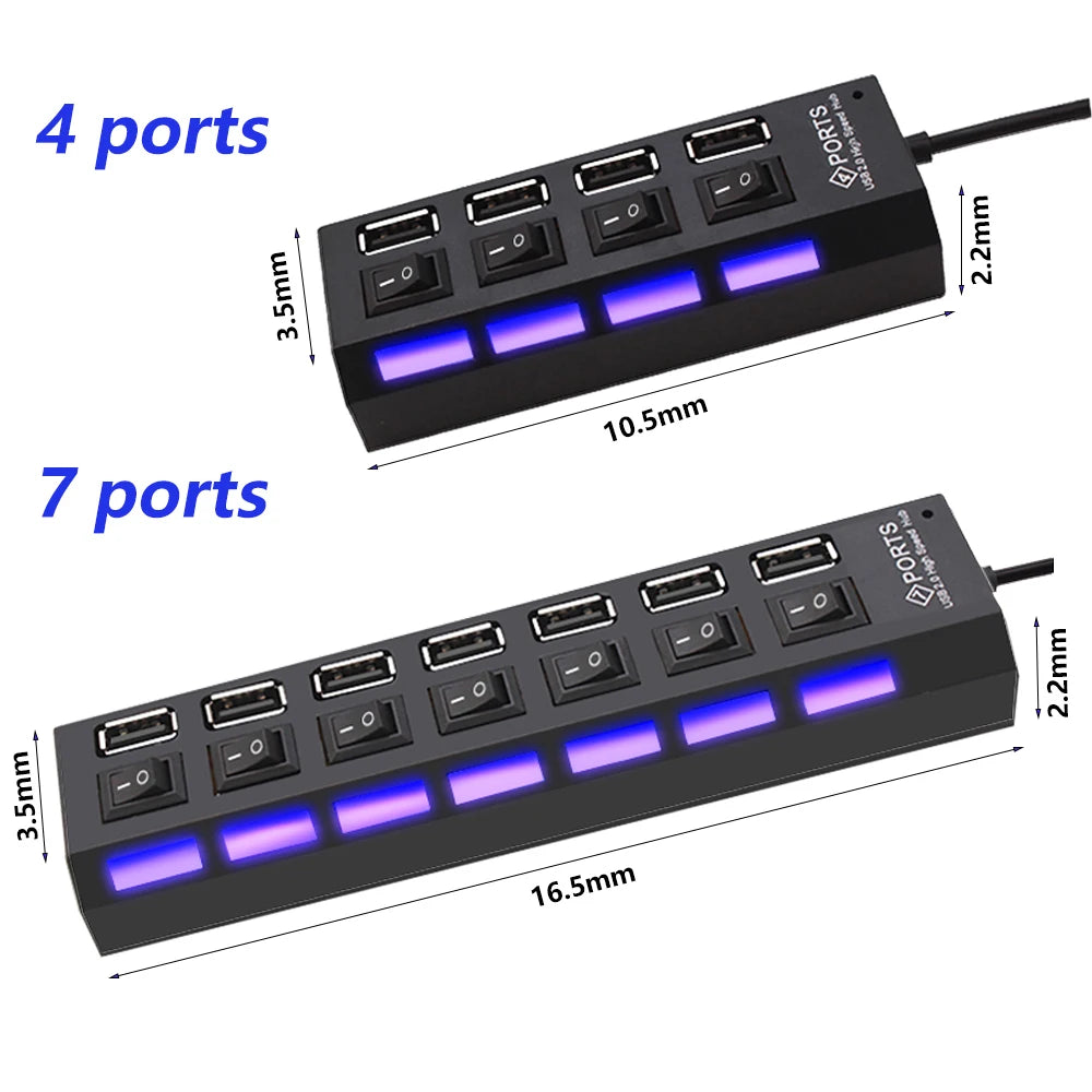 USB 2.0 Hub  Multi USB Splitter Hub Use Power Adapter 4/7 Port Multiple Expander with Switch for PC