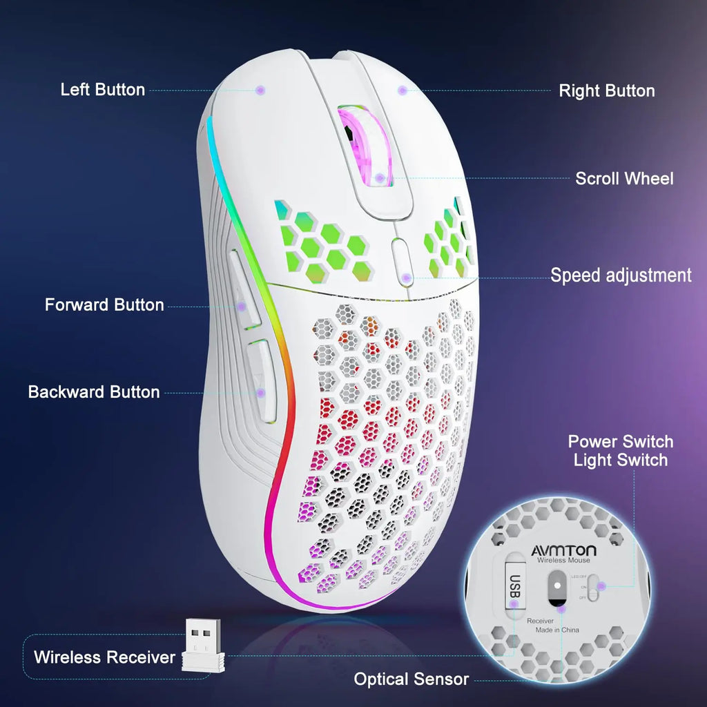 2.4G Wireless Mouse with RGB Backlit 6-button 3-speed DPI Type C Rechargeable